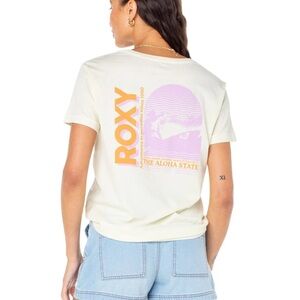 Roxy 🌺 Aloha State Egret Graphic Tee with Pink & Orange Print Sz S Surf Coastal